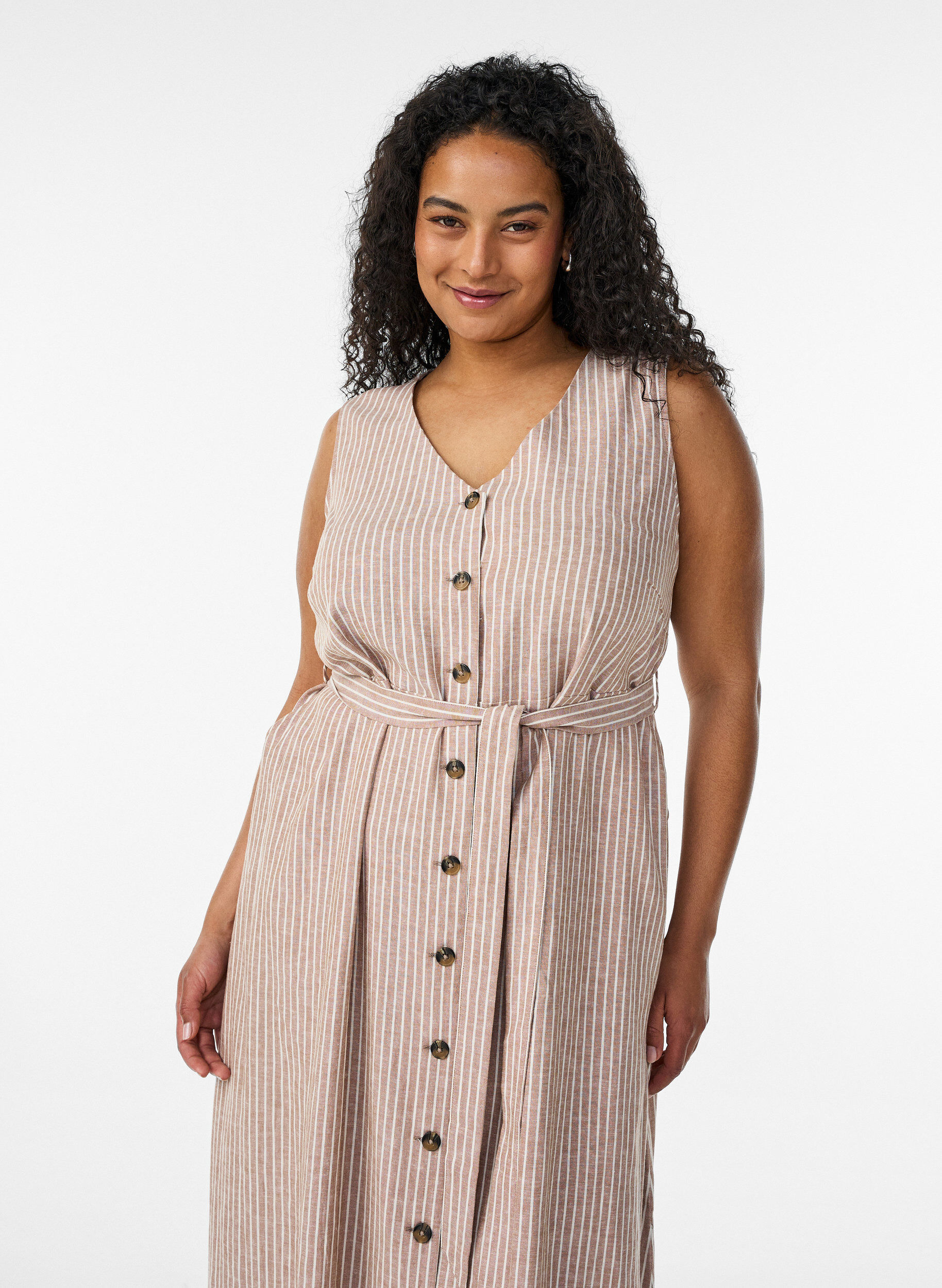 ZizzifashionSleeveless striped midi dress in linen and viscose, Beige, Model image number 2