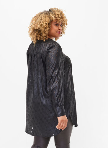 Textured tunic with long sleeves and v -neck, Black, Model image number 1
