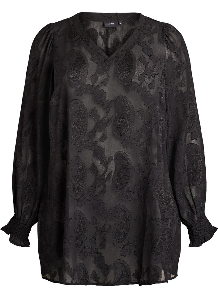 Tunic with a paisley texture and long sleeves, Black, Packshot image number 0