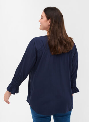 Viscose blouse with button fastening and 3/4-length sleeves, Navy Blazer, Model image number 1