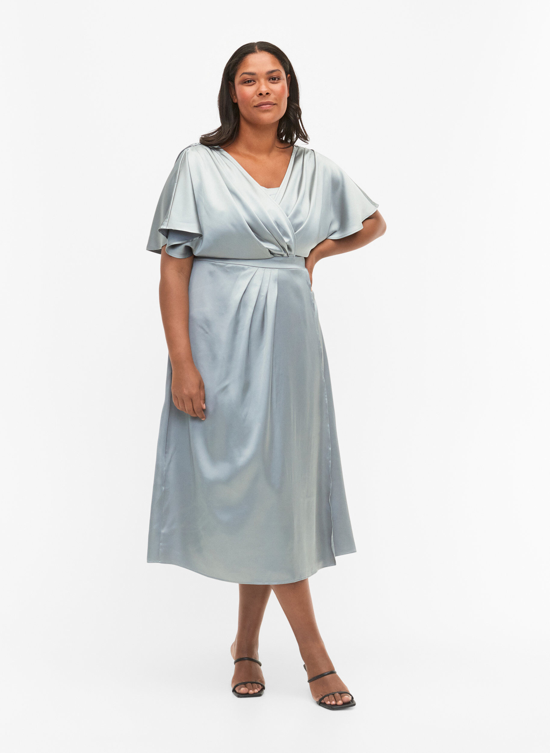 Zizzifashion Maxi dress with wrap and short sleeves, Silver Blue, Model image number 0