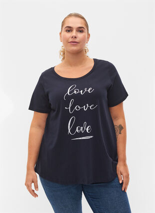 Short-sleeved cotton t-shirt with print, Night Sky Love Love, Model image number 0