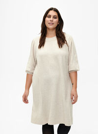 Knitted dress with 3/4 puff sleeves, Pumice S./White Mel., Model