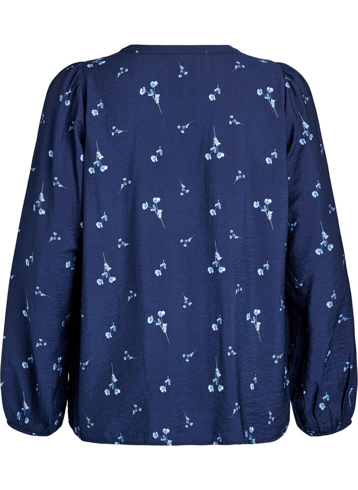 Blouse with button fastening and small flowers, Blue, Packshot image number 1