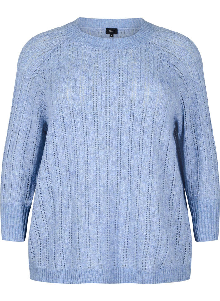 Loose knit blouse with 3/4 sleeves and openwork pattern, Blue, Packshot image number 0