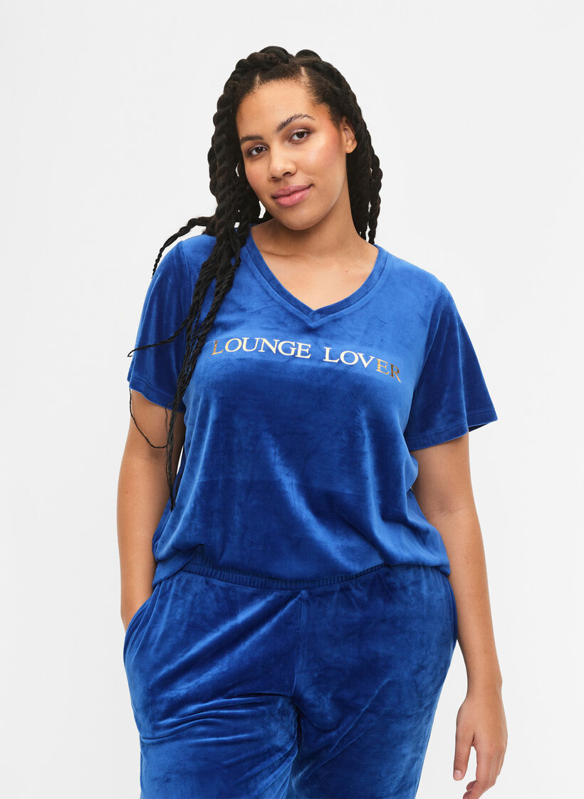 Velour t-shirt with a v-neck, Monaco Blue, Model image number 0
