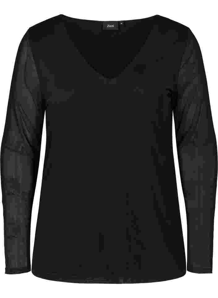 Close-fitting mesh top with v-neck, Black, Packshot image number 0