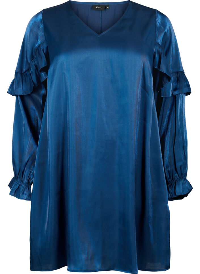 Viscose dress with v-neck and frills, Titan, Packshot image number 0