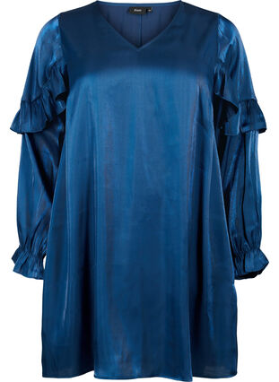 Viscose dress with v-neck and frills, Titan, Packshot image number 0