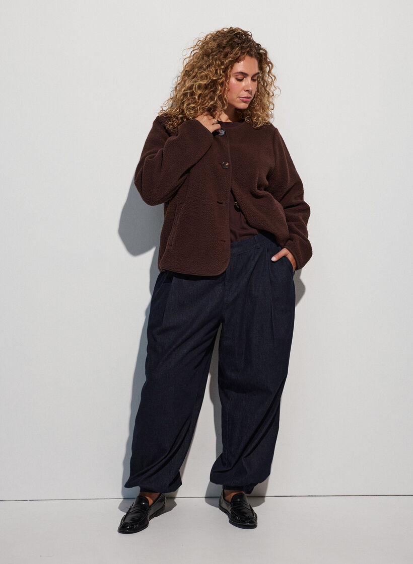 Teddy jacket with a round neck and buttons, Brown, Model image number 1