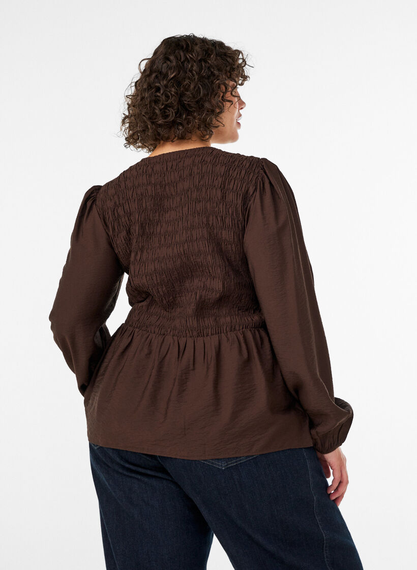 Blouse with smock and long sleeves, Brown, Model image number 2