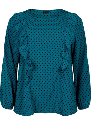 Long sleeved blouse with ruffles, Shaded Spruce Dot, Packshot image number 0