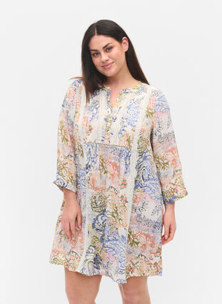 	 Printed viscose tunic with 3/4 sleeves, White Paisley AOP, Model image number 0