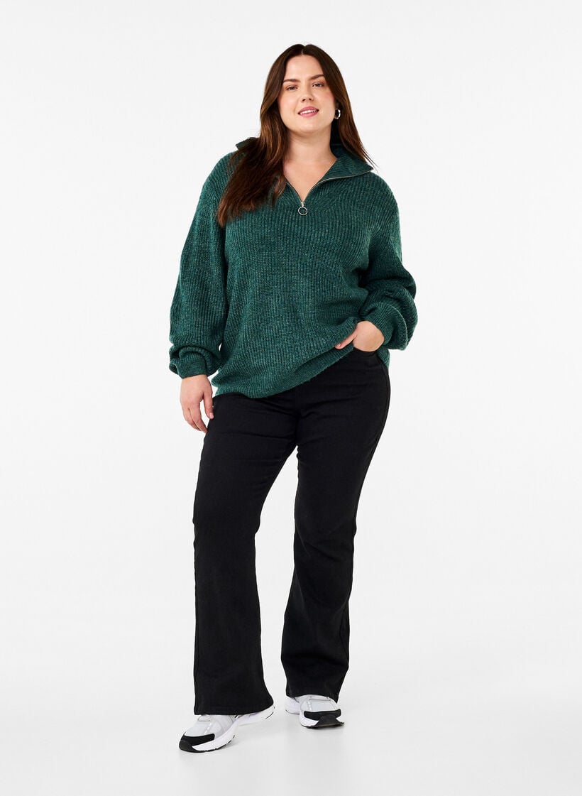 Knitted sweater with high neck and zipper, Green, Model image number 1
