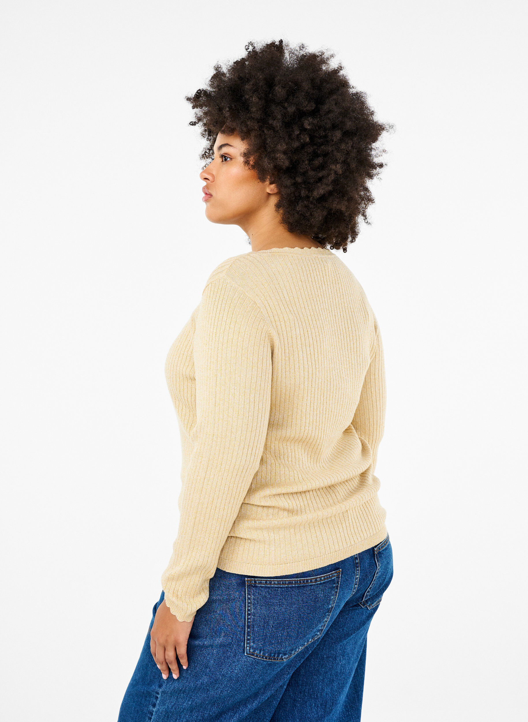 Zizzifashion Tight-fitting knitted blouse with glitter thread, Beige, Model image number 2