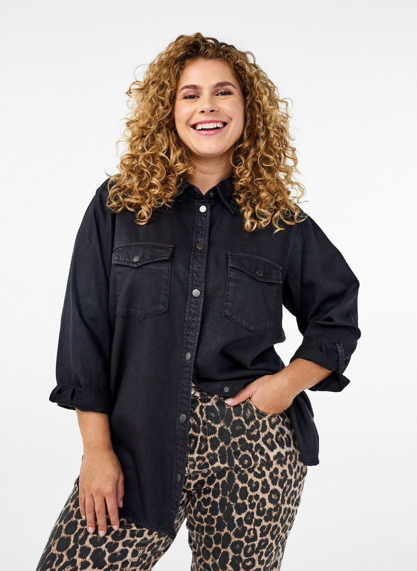 Denim shirt with chest pockets, Black, Model image number 0
