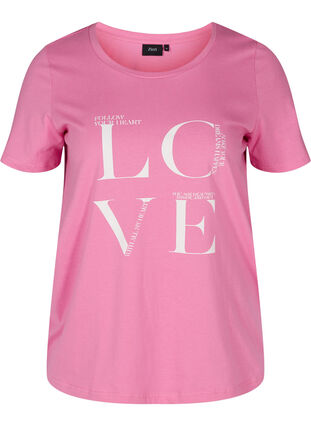 Short-sleeved cotton t-shirt with print, Cyclamen LOVE, Packshot image number 0