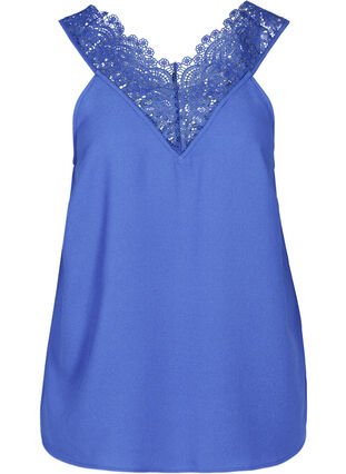 Sleeveless top with v-neck and lace, Dazzling Blue, Packshot image number 0