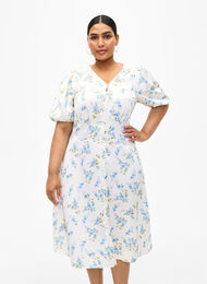 Floral satin dress with puff sleeves, Off White Blue Fl., Model