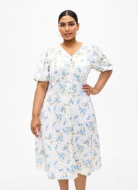 Floral satin dress with puff sleeves, Off White Blue Fl., Model