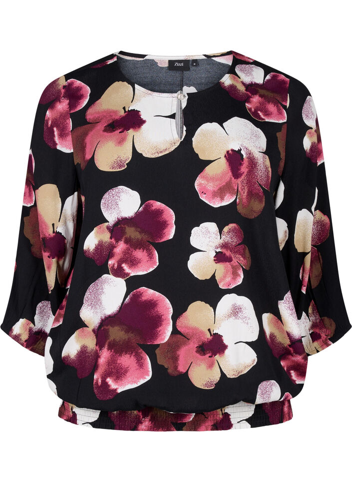 Viscose blouse with print and smock, Black, Packshot image number 0