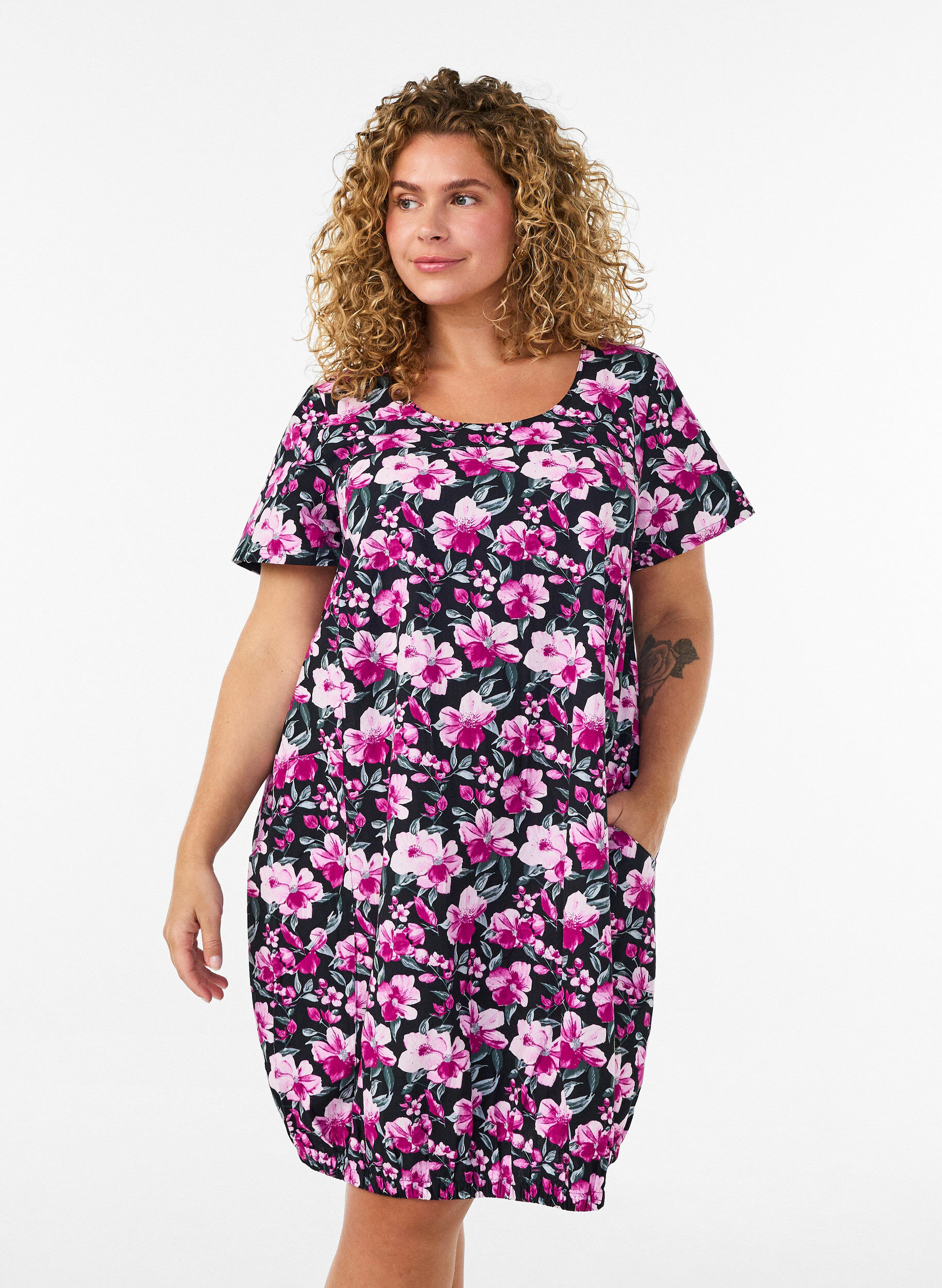 ZizzifashionShort-sleeved cotton dress with print, Black, Model image number 0