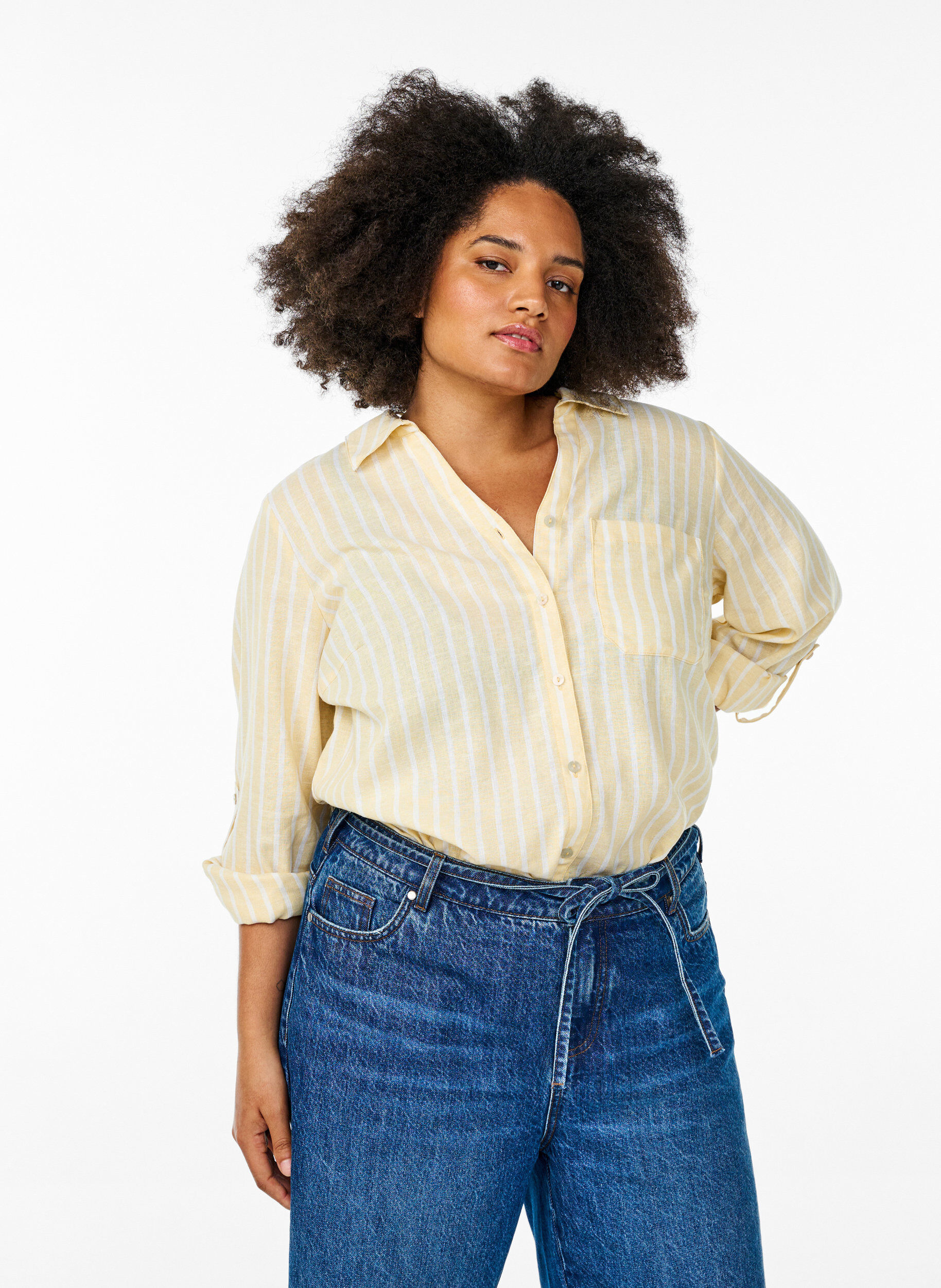 Zizzifashion Shirt in linen and viscose with 3/4 sleeves, Beige, Model image number 0