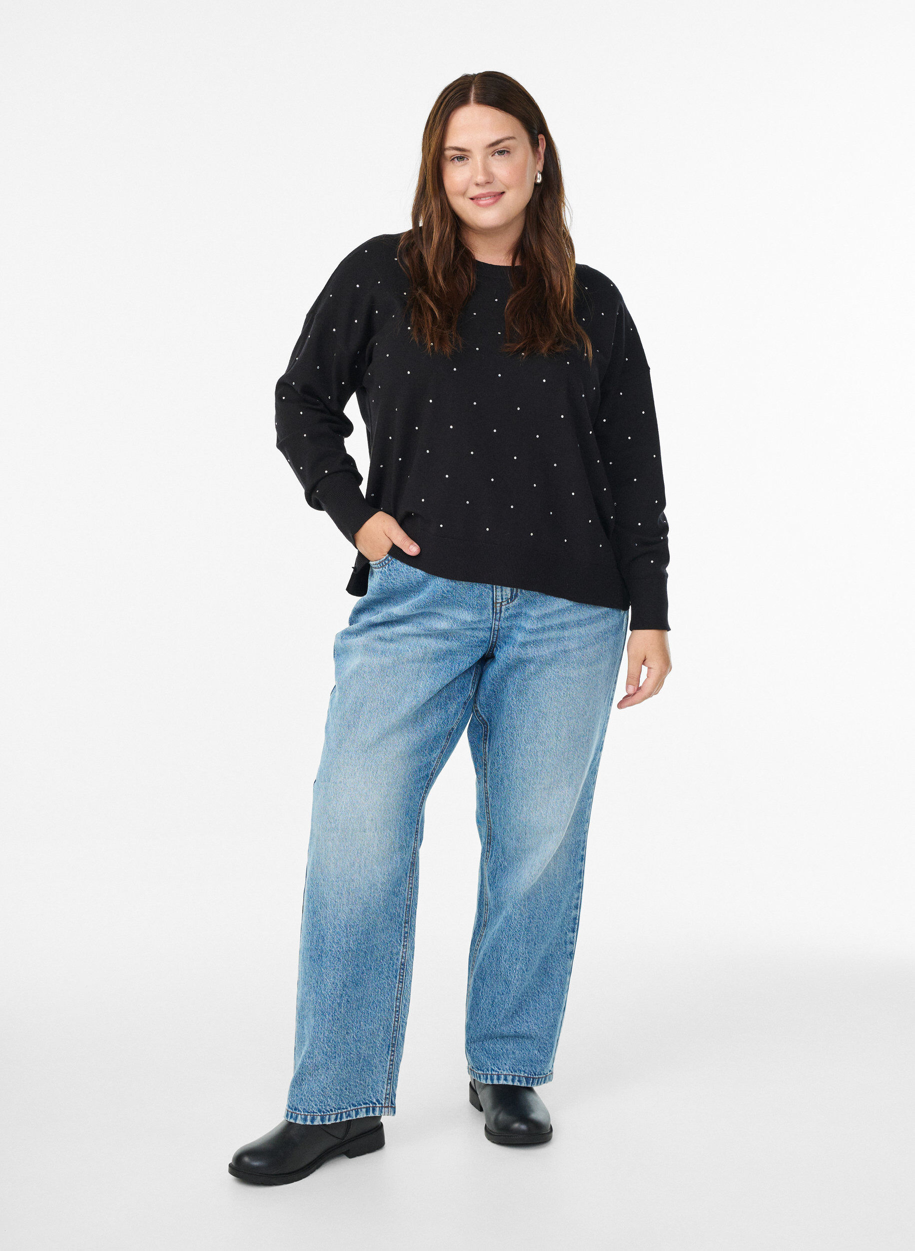 Zizzifashion Loose knit blouse with rhinestones, Black, Model image number 1