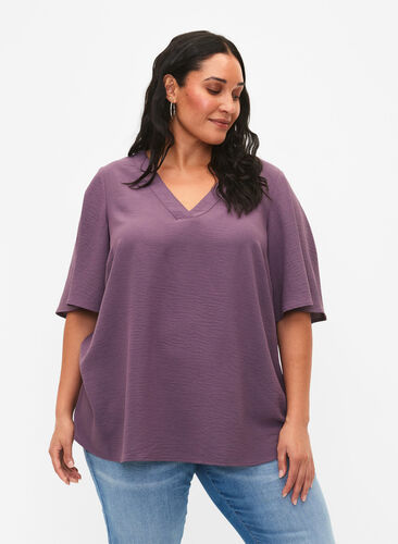 Short-sleeved blouse with an A-shape, Vintage Violet, Model image number 0