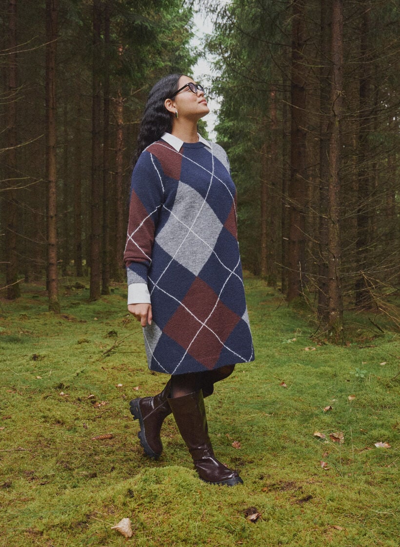 Knitted dress with large check pattern, Blue, Image