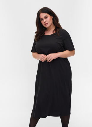 Cotton t-shirt dress with side slits, Black, Model image number 0