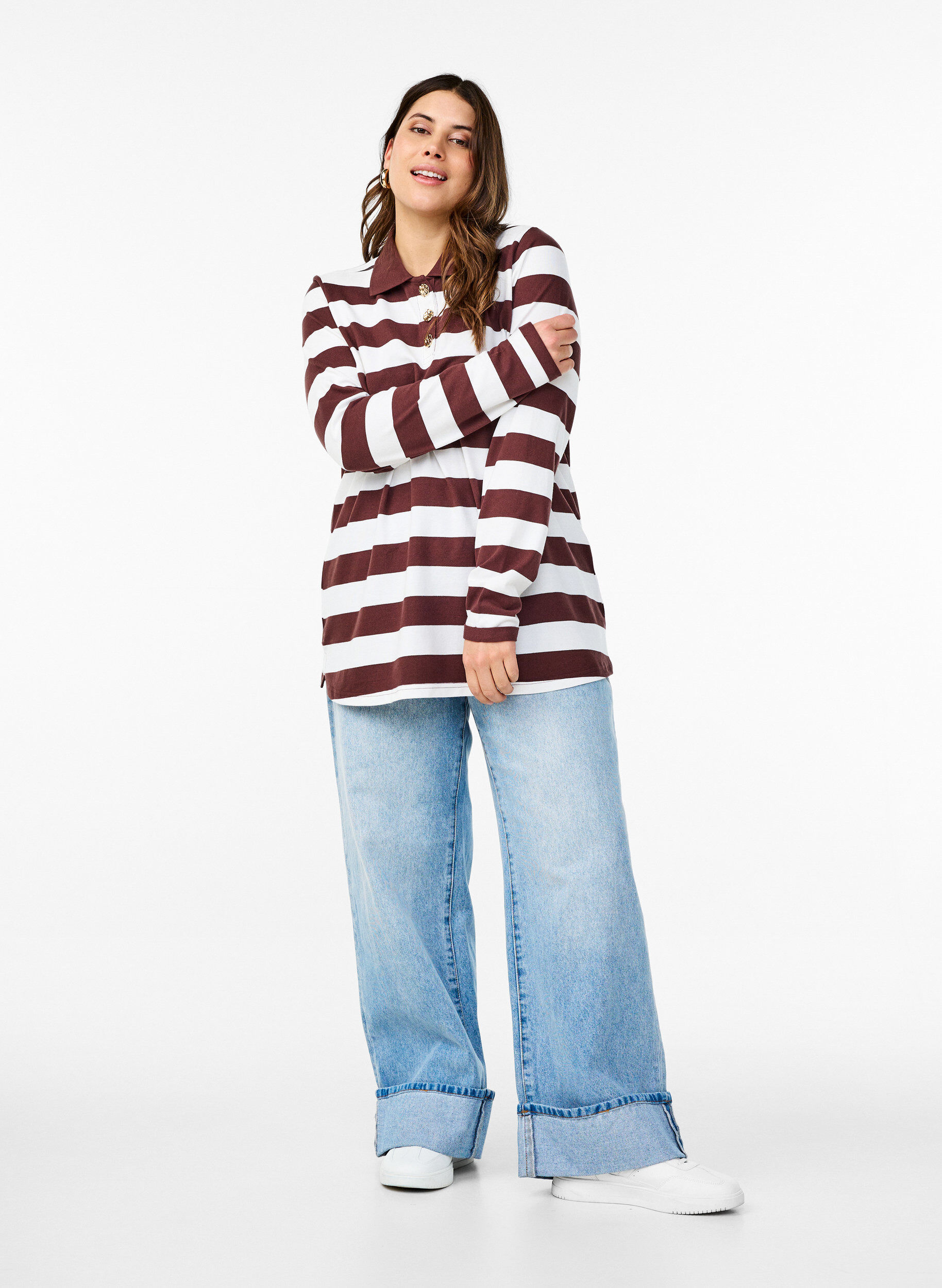 Zizzifashion Striped polo shirt with long sleeves, Dark Bordeaux, Model image number 1