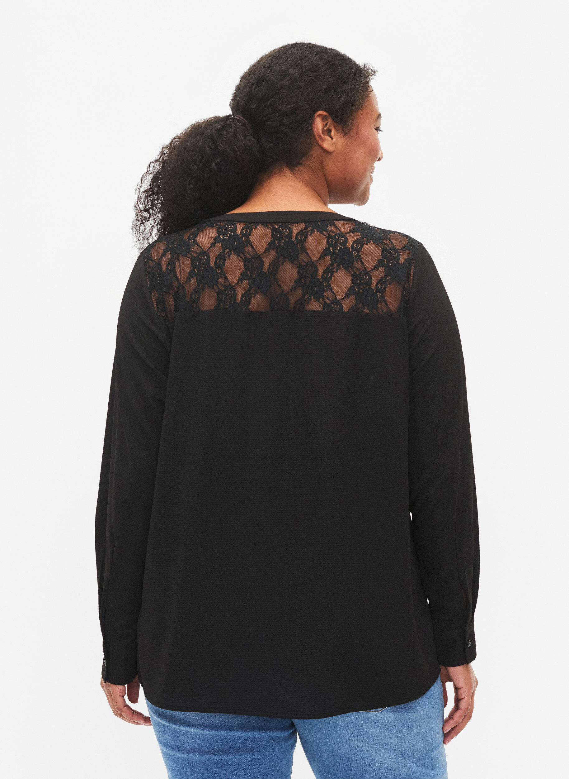 Zizzifashion Long-sleeved blouse with lace detail (GRS), Black, Model image number 1