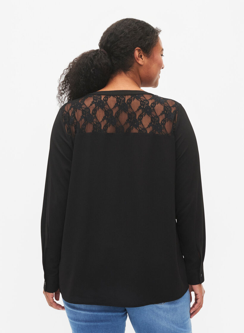 Long-sleeved blouse with lace detail (GRS), Black, Model image number 1