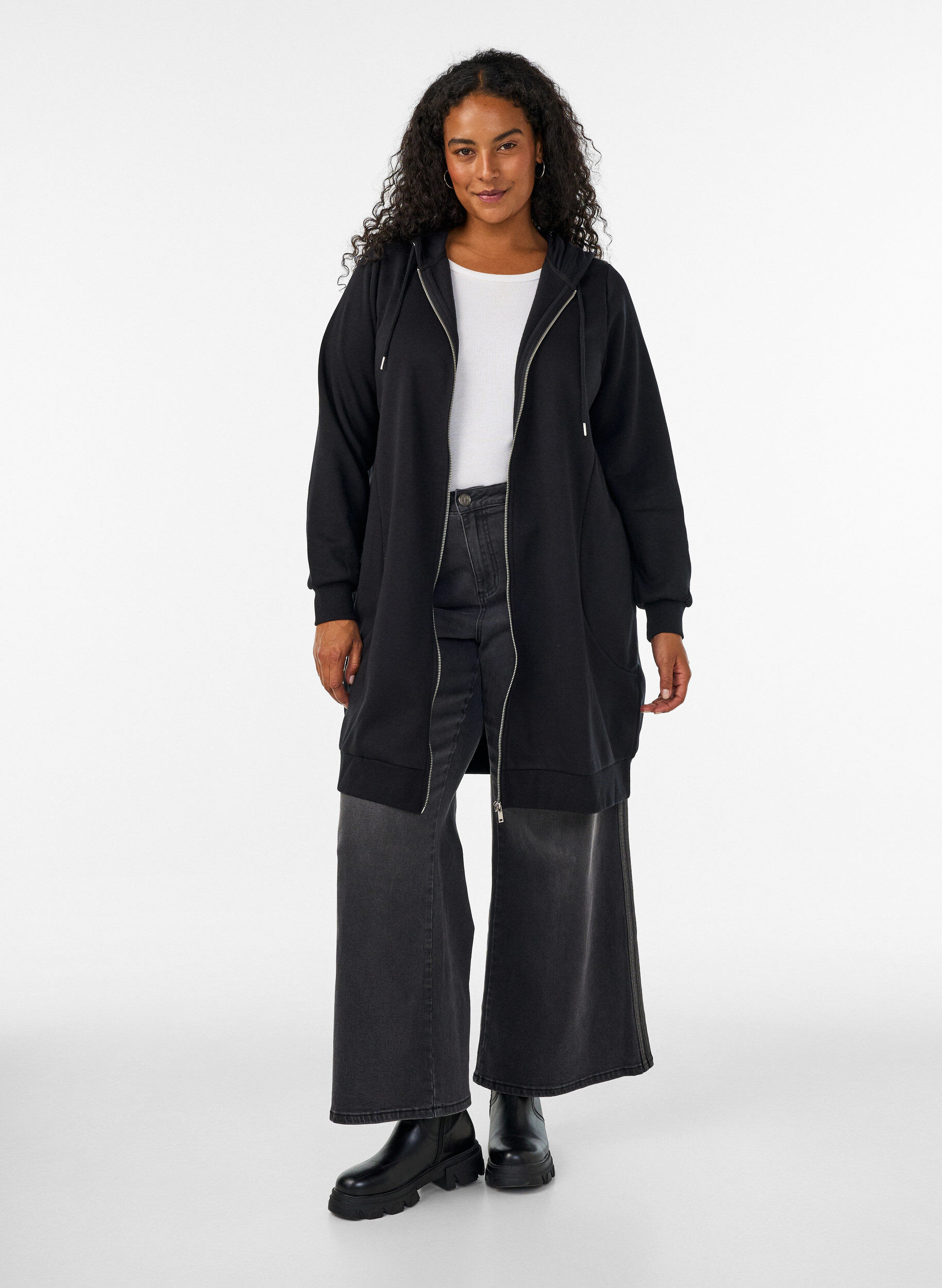 ZizzifashionLong hoodie with zip and pockets, Black, Model image number 1