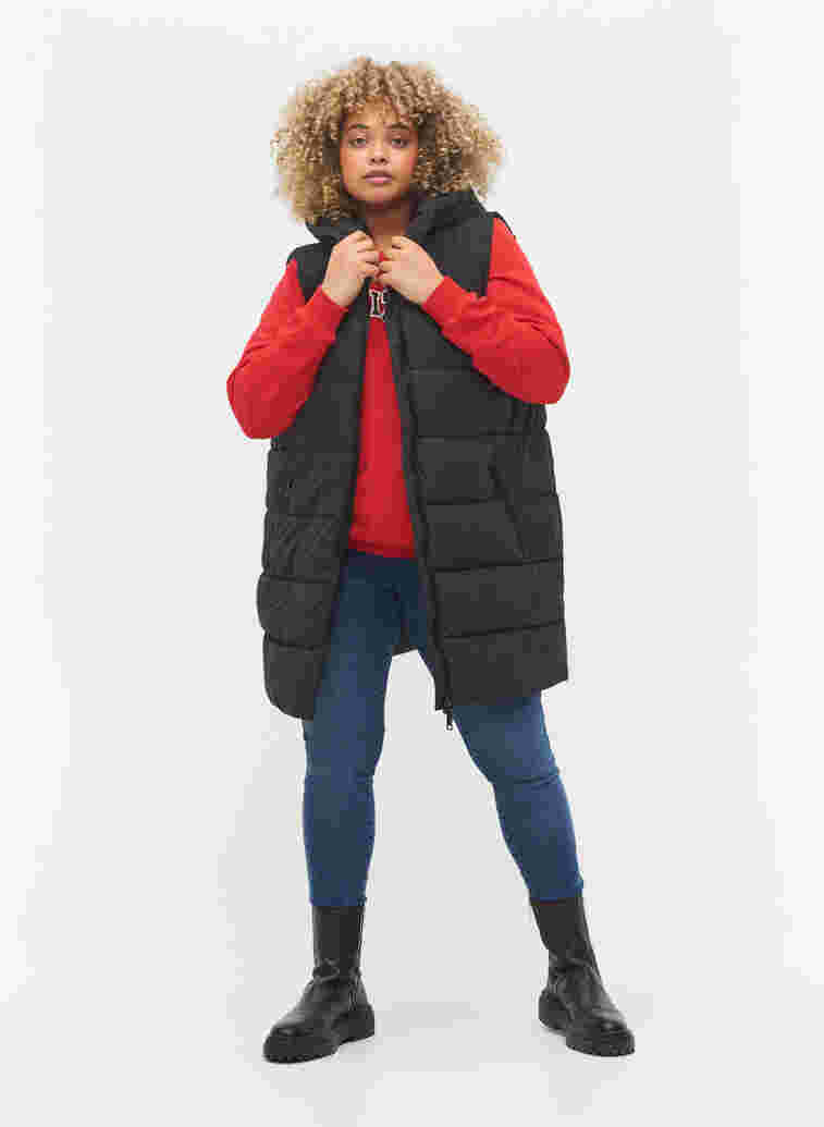 Long vest with hood and pockets, Black, Model image number 2