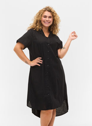 Long cotton shirt with short sleeves, Black, Model image number 0