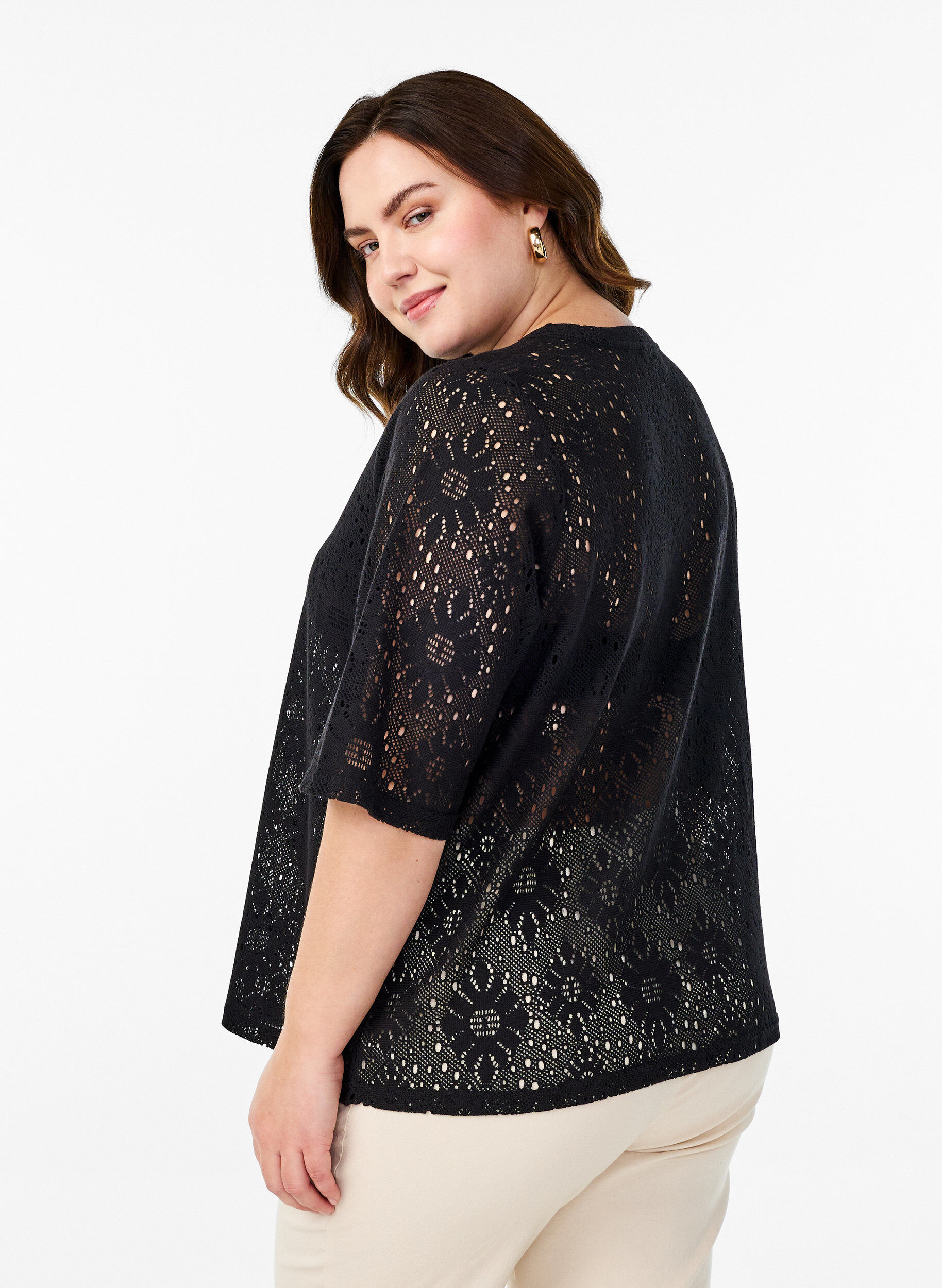 Zizzifashion Blouse with an openwork pattern and short sleeves, Black, Model image number 2