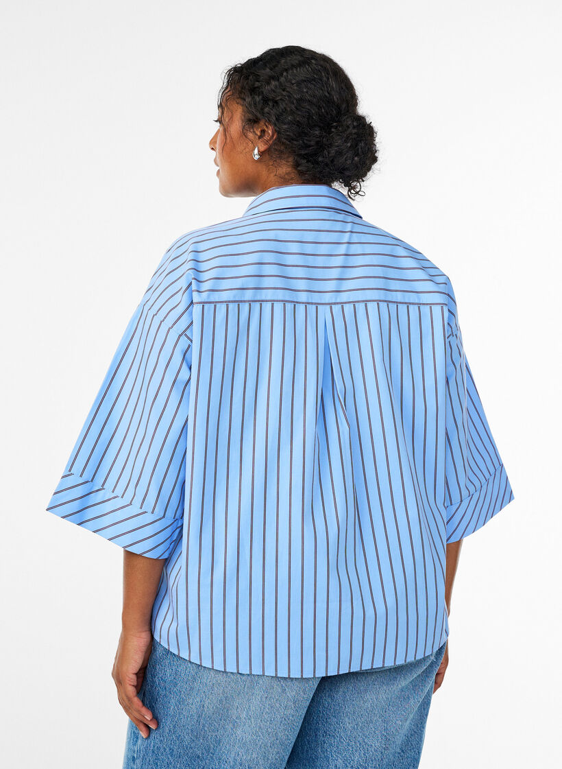 Striped cotton shirt with wide sleeves, Blue, Model image number 2