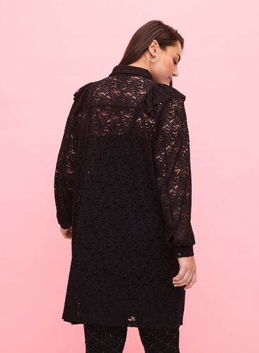 Lace shirt dress with frills, Black, Model image number 1