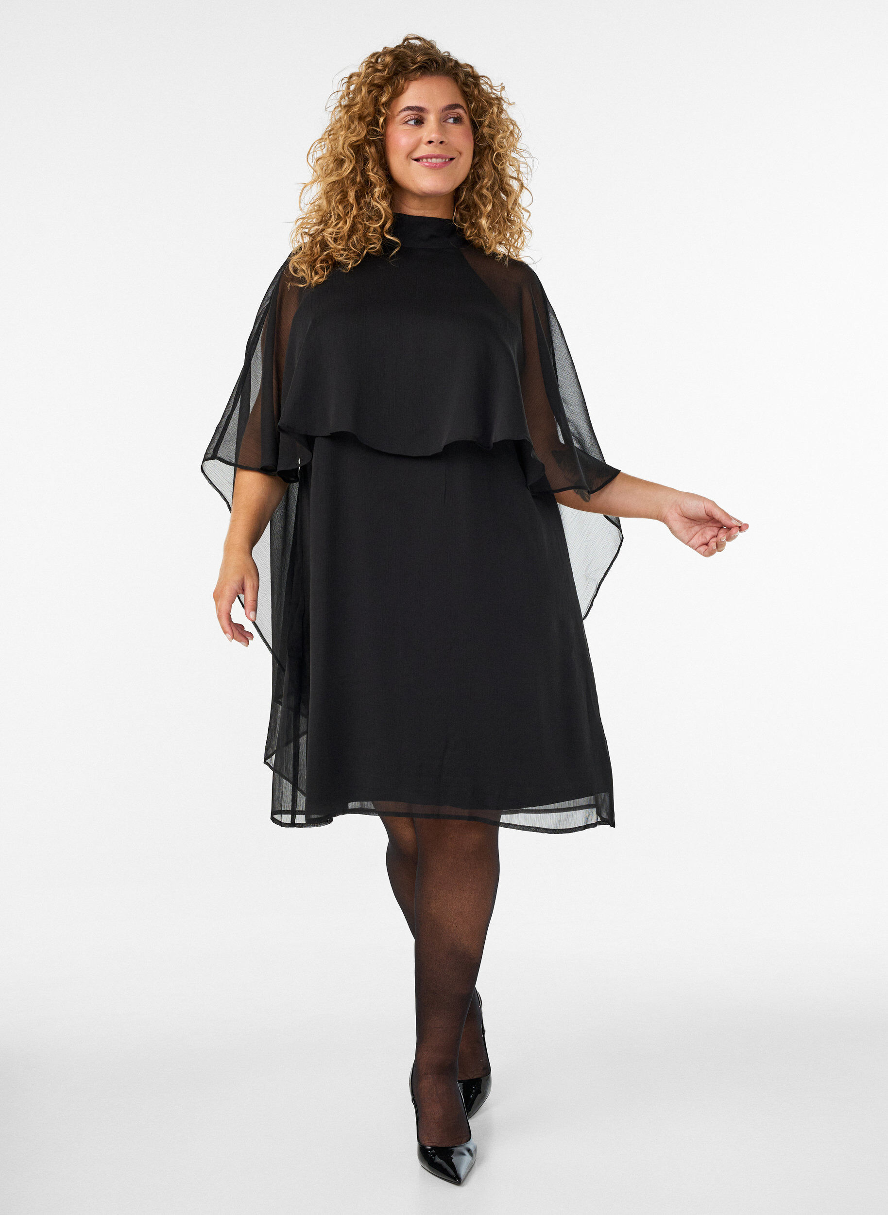 ZizzifashionKnee-length chiffon dress with sheer cape, Black, Model image number 1