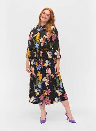 Printed midi dress with 3/4 sleeves, Big Flower AOP, Model image number 2