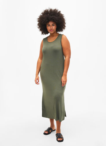 Sleeveless ribbed dress in viscose, Thyme, Model image number 0