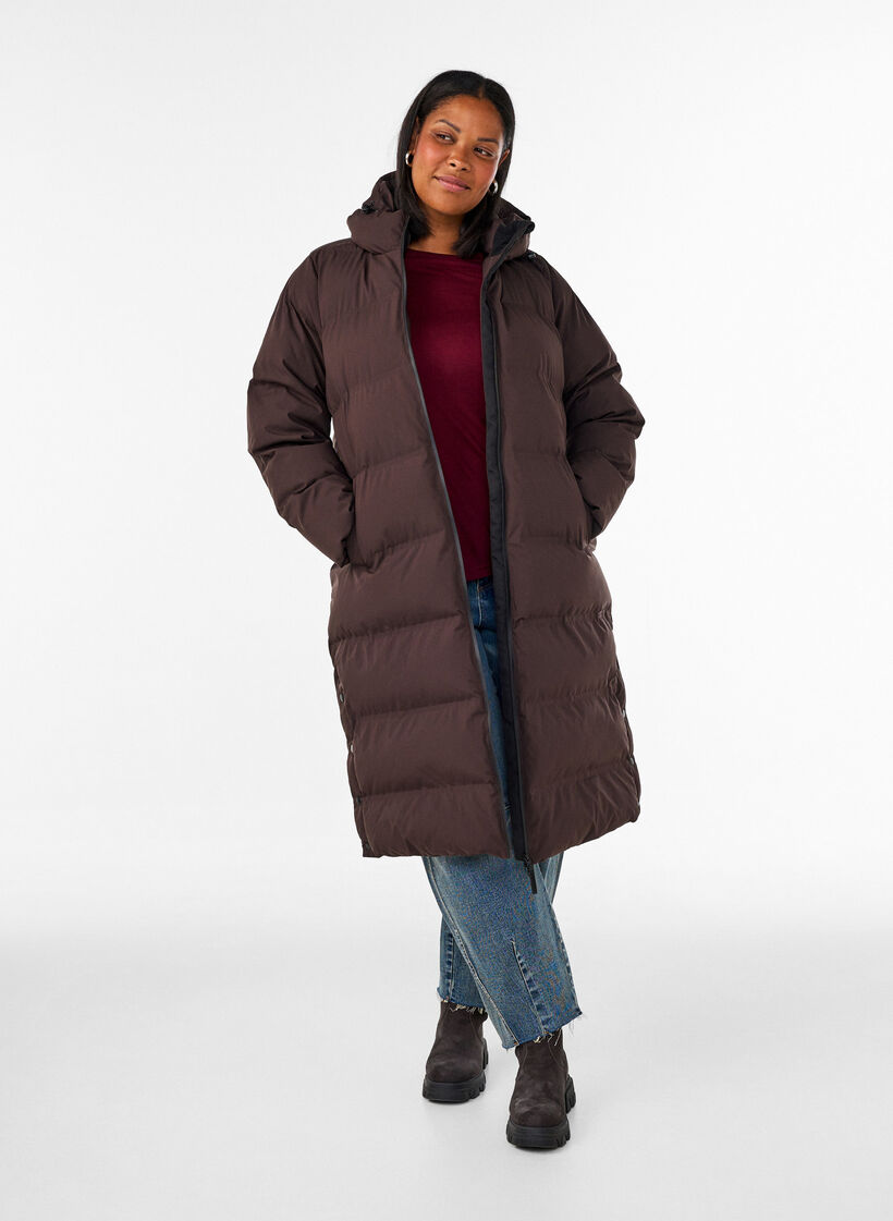 Long puffer winter coat with hood, Brown, Model image number 1
