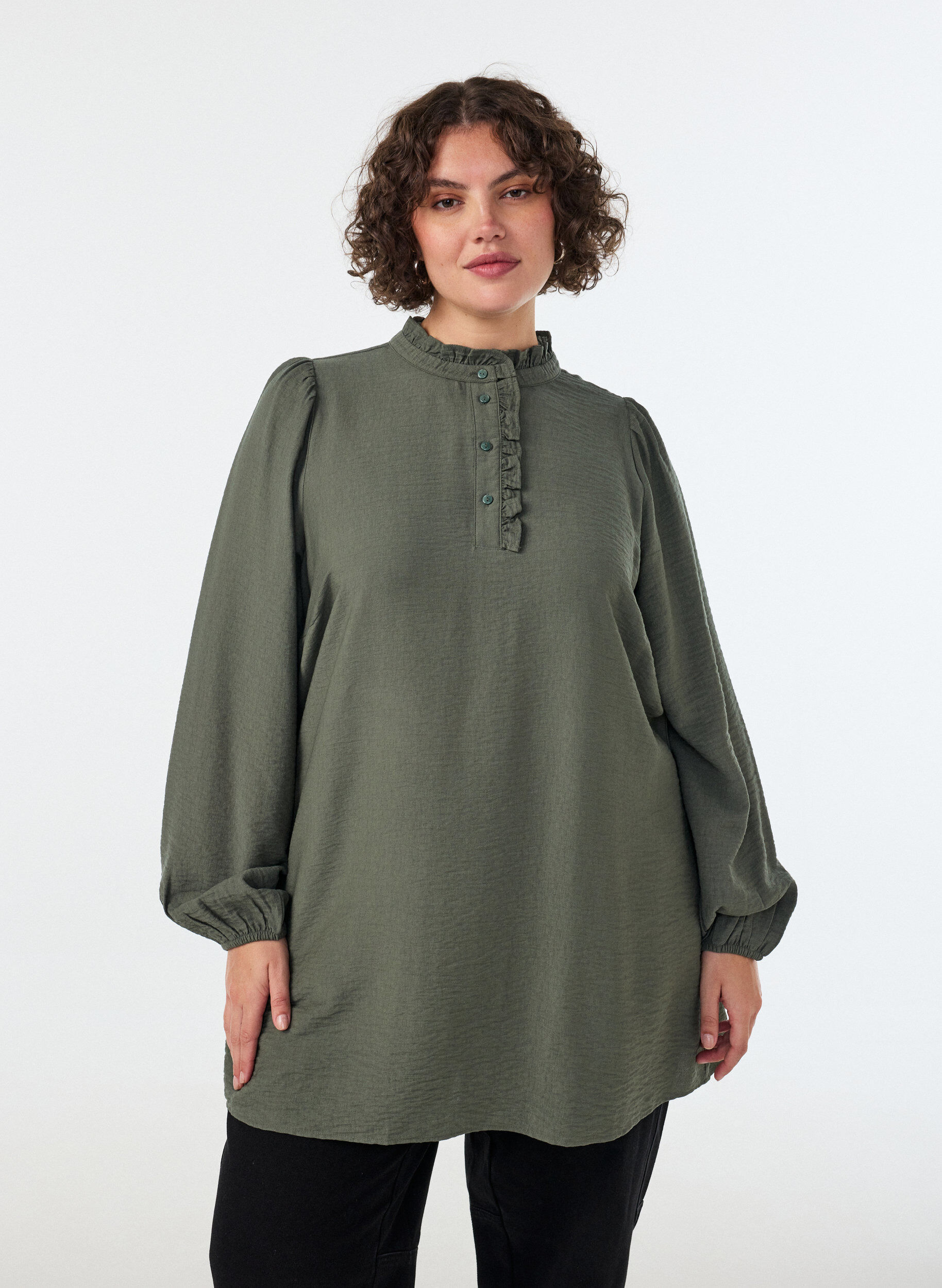 ZizzifashionViscose tunic with ruffles and buttons, Green, Model image number 0