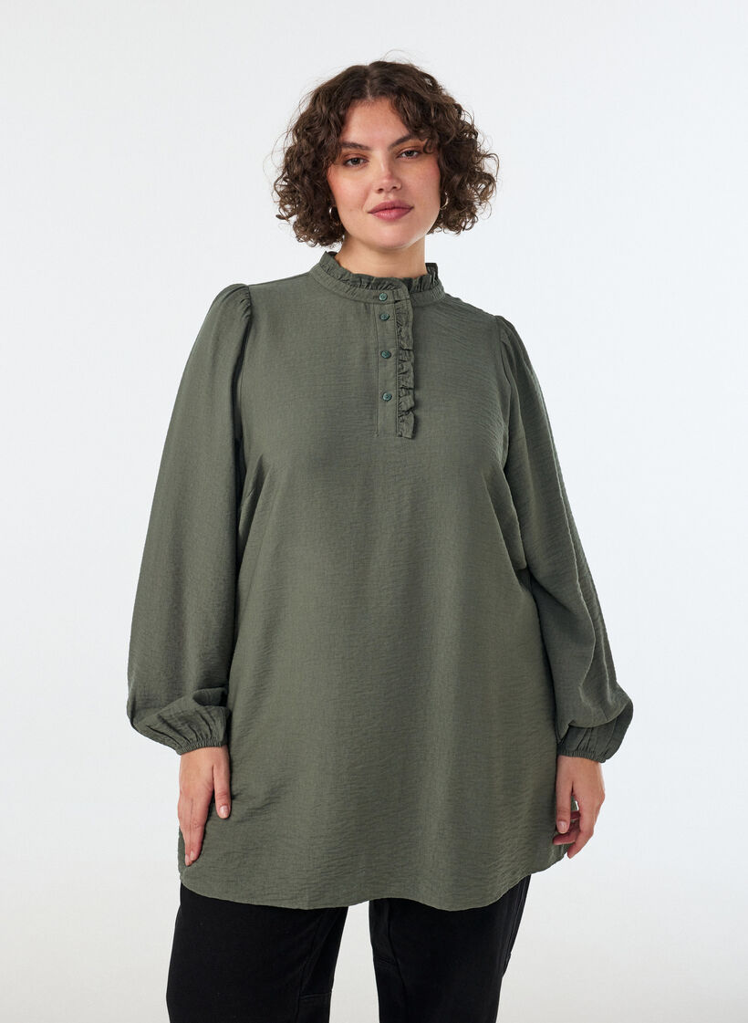 Viscose tunic with ruffles and buttons, Green, Model image number 0