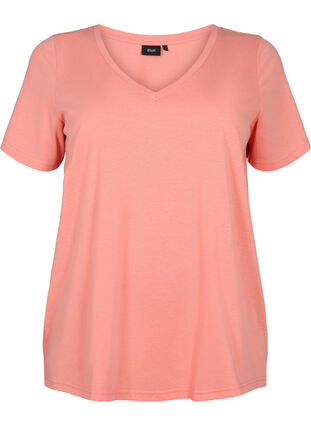 Short sleeve t-shirt with v-neckline, Bright Coral, Packshot image number 0