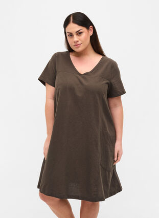 Short-sleeved cotton dress, Khaki Green, Model image number 0