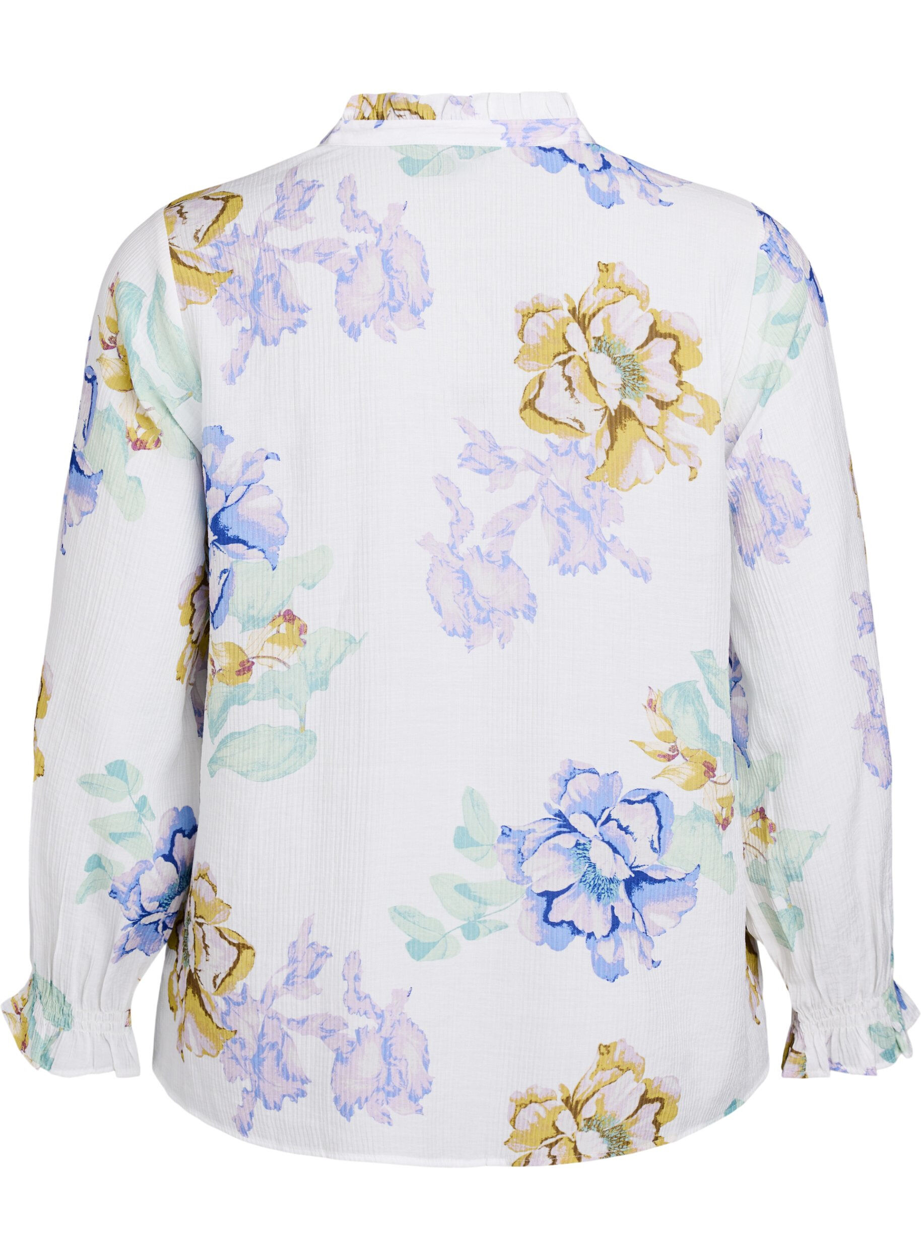 Zizzifashion Pleated blouse with long sleeves and floral print, White, Packshot image number 1