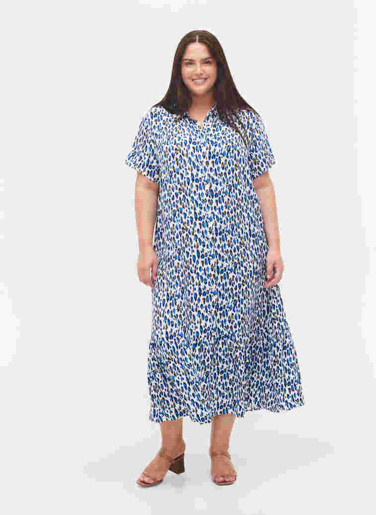 short-sleeved viscose midi dress, Blue Leo AOP, Model image number 2